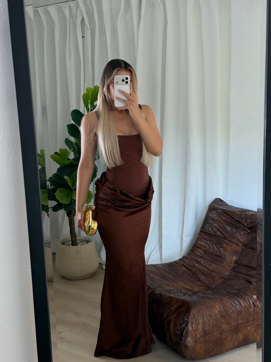 Brown Satin Maxi Dress