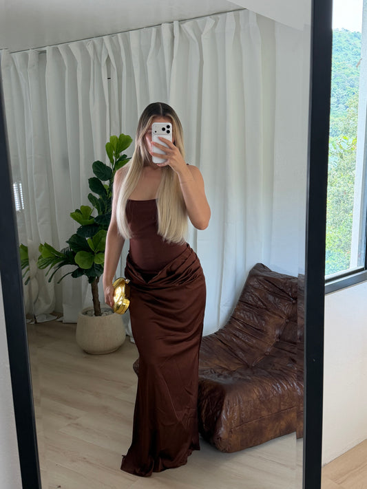 Brown Satin Maxi Dress